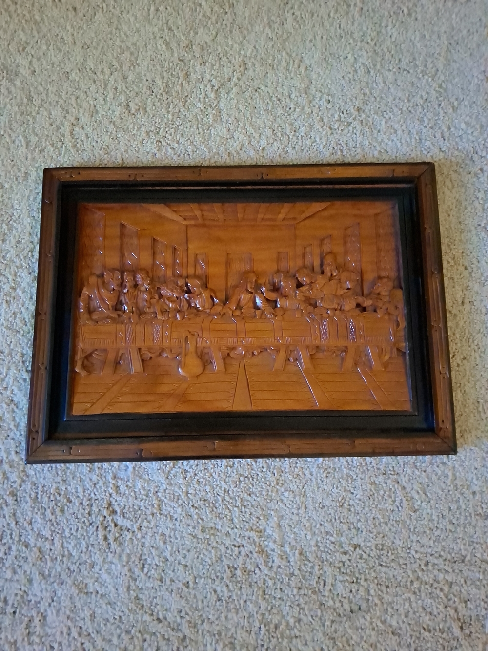 Vtg LEONARDO Da VINCI Last Supper 3D~ HandCarve 20.5"X15"Wood Framed Wall Plaque